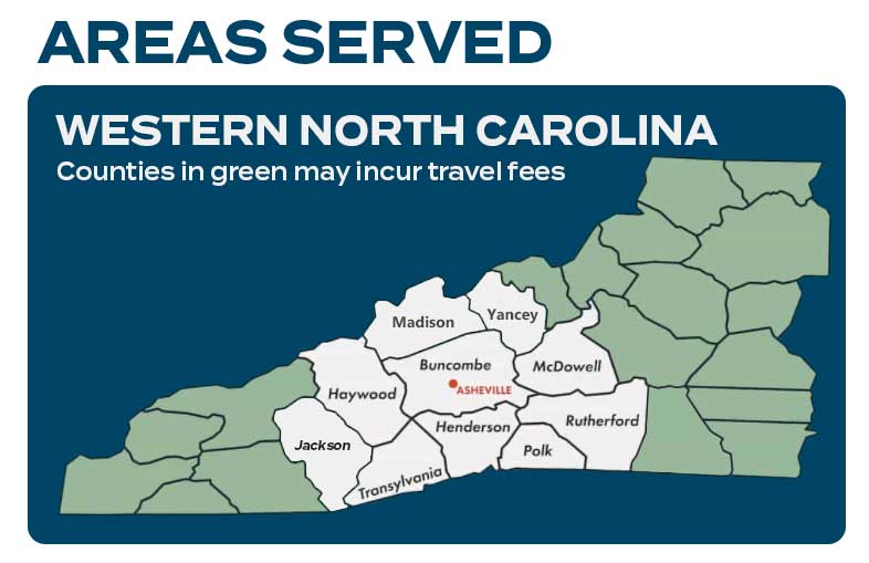 Map of WNC counties around Asheville where services are available